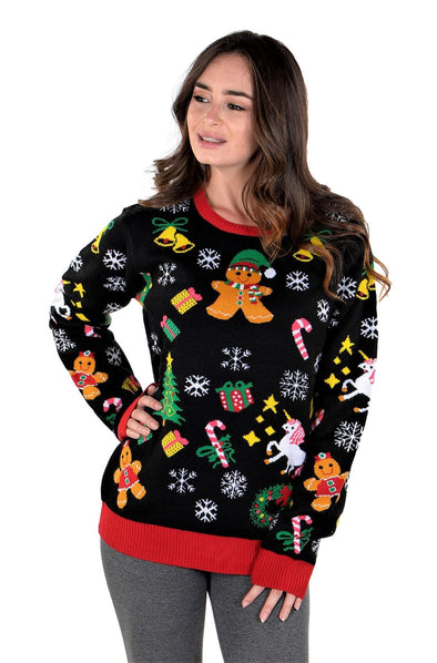 SoCal Look Youth Ugly Christmas Sweater Gingerbread Unicorn Pullover Black