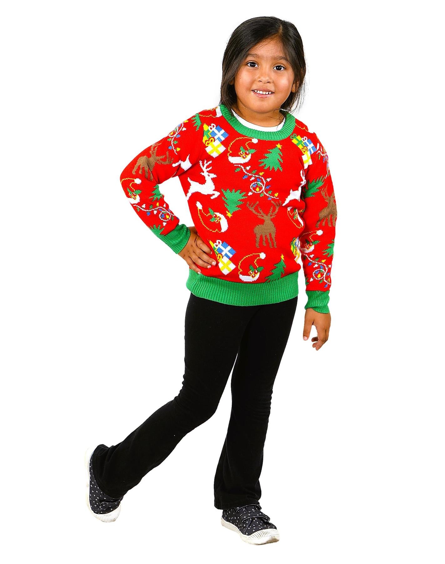 SOCAL LOOK Ugly Christmas Sweaters for Kids - Red Long Sleeve Children Cute Festive Reindeer Holiday Xmas Pullover for Girls and Boys