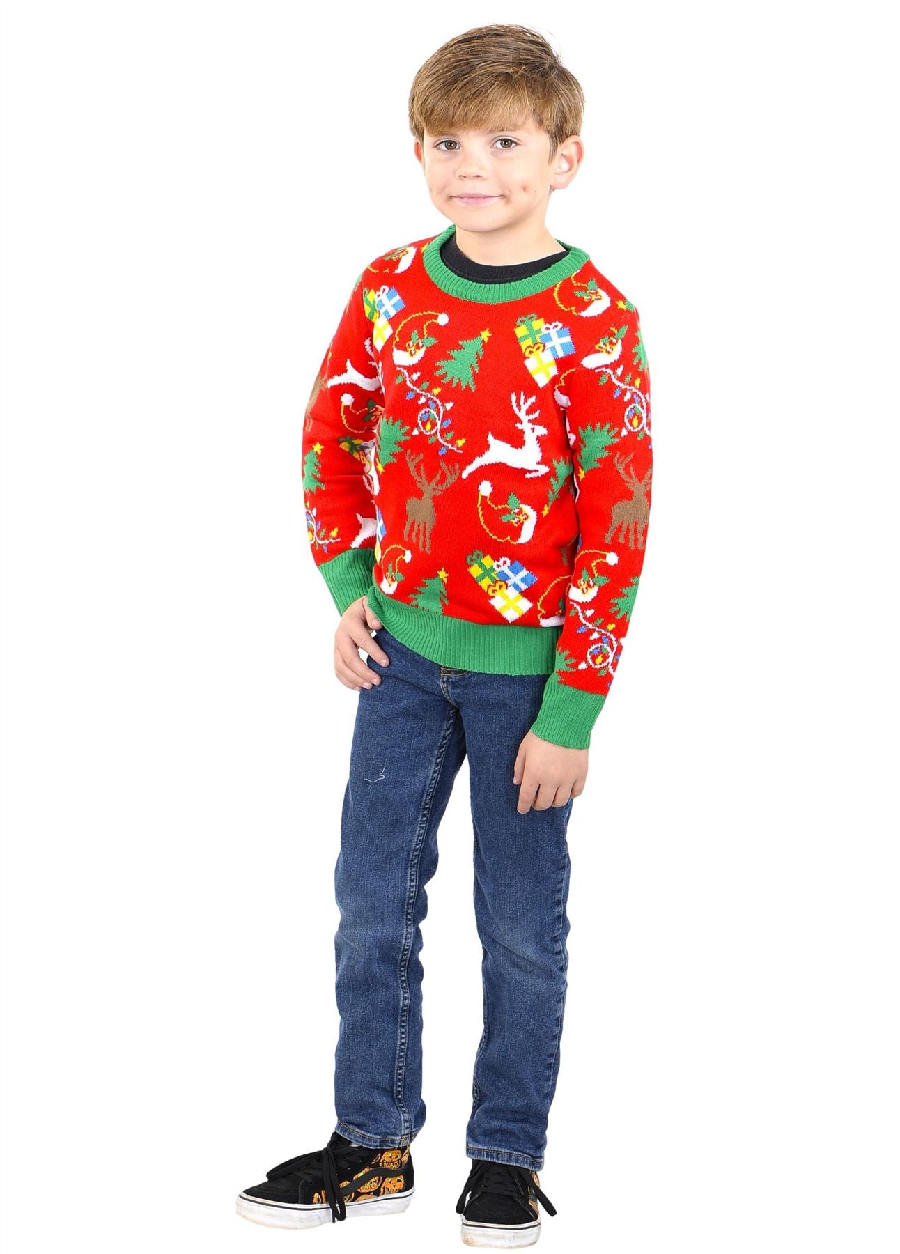 SOCAL LOOK Ugly Christmas Sweaters for Kids - Red Long Sleeve Children Cute Festive Reindeer Holiday Xmas Pullover for Girls and Boys