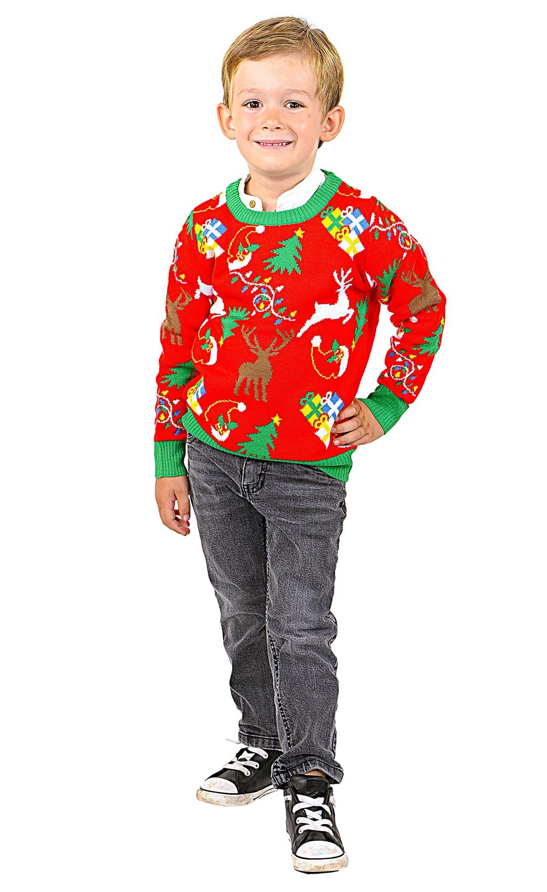 SOCAL LOOK Ugly Christmas Sweaters for Kids - Red Long Sleeve Children Cute Festive Reindeer Holiday Xmas Pullover for Girls and Boys