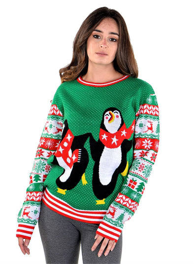 SoCal Look Youth Ugly Christmas Sweater Penguin Reindeer Pullover Green