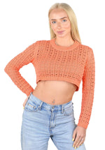 SOCAL LOOK Women’s Crochet Cotton Crop Top Long Sleeve Crew Neck