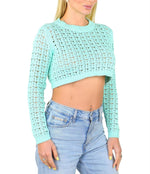 SOCAL LOOK Women’s Crochet Cotton Crop Top Long Sleeve Crew Neck