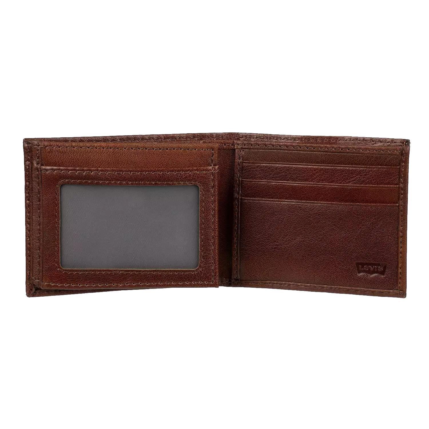 Levi's Men's RFID Leather Traveler Bifold Wallet with ID Window Brown