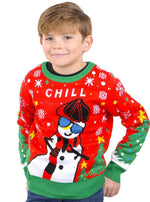 SOCAL LOOK Kids Ugly Christmas Sweater - Red Long Sleeve Unisex Children Festive Cute Chill Snowman Holiday Xmas Pullover for Boys & Girls