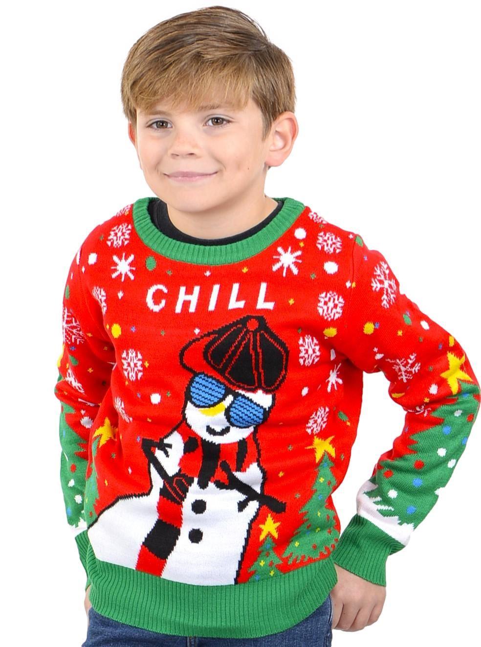 SOCAL LOOK Kids Ugly Christmas Sweater - Red Long Sleeve Unisex Children Festive Cute Chill Snowman Holiday Xmas Pullover for Boys & Girls