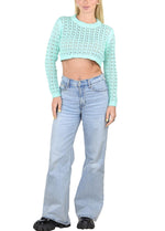 SOCAL LOOK Women’s Crochet Cotton Crop Top Long Sleeve Crew Neck