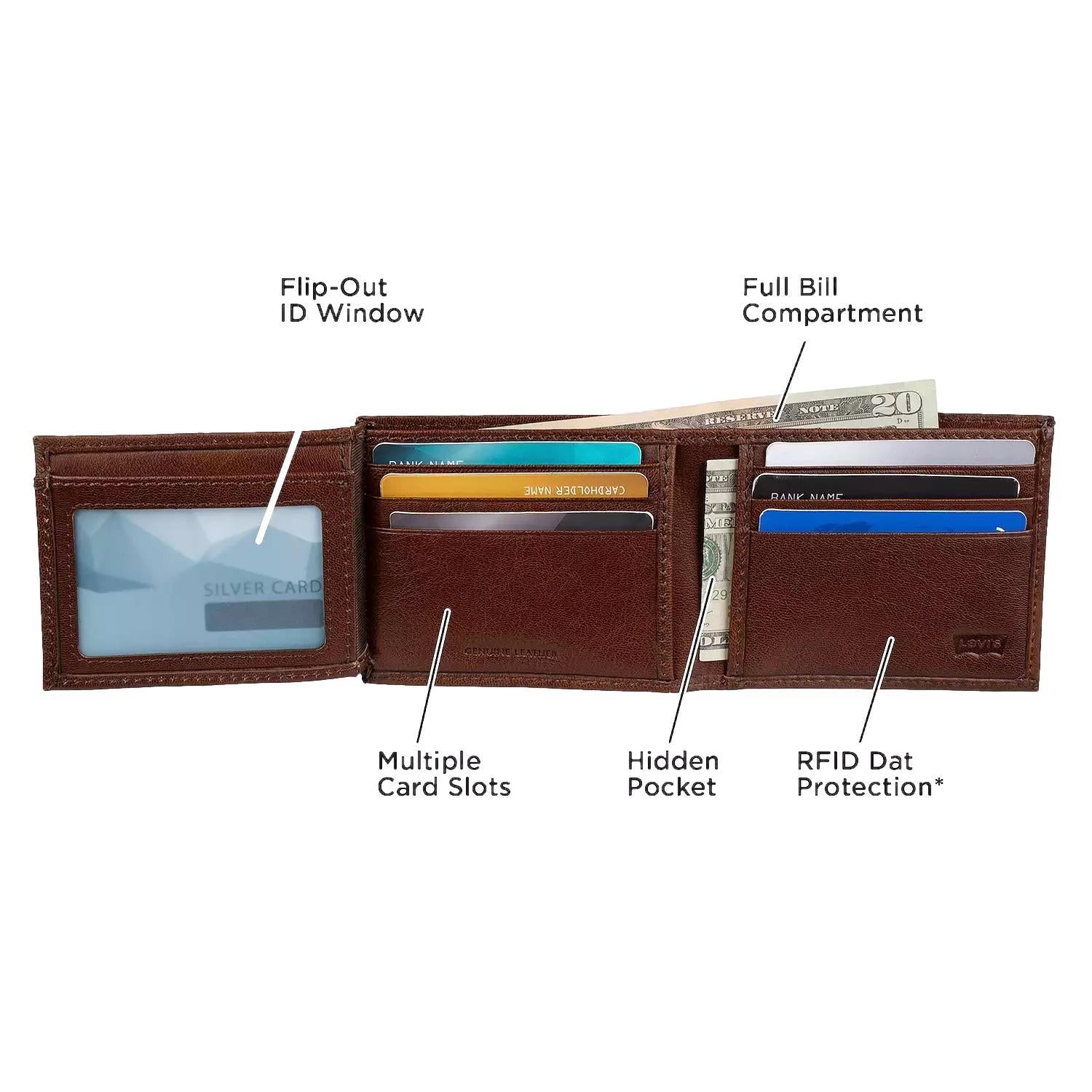 Levi's Men's RFID Leather Traveler Bifold Wallet with ID Window Brown