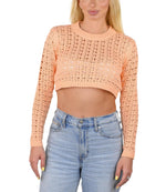 SOCAL LOOK Women’s Crochet Cotton Crop Top Long Sleeve Crew Neck