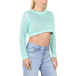 SOCAL LOOK Women’s Crochet Cotton Crop Top Long Sleeve Crew Neck