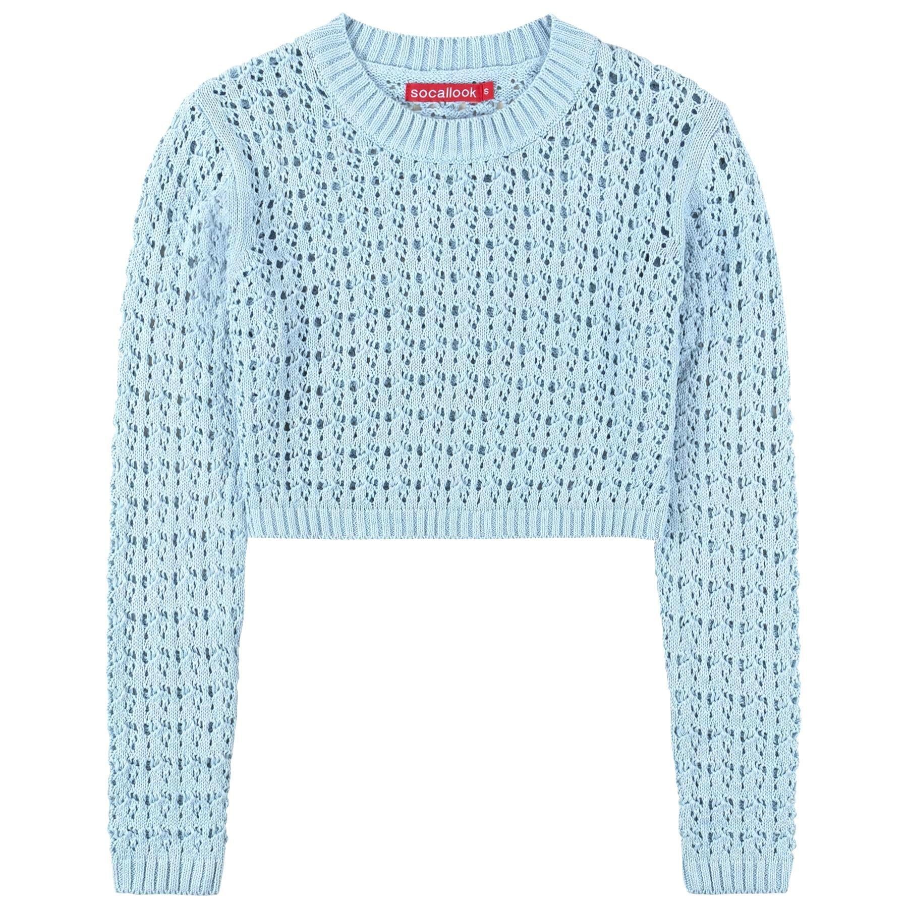 SOCAL LOOK Women’s Crochet Cotton Crop Top Long Sleeve Crew Neck