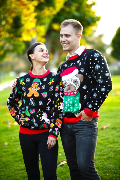 SOCAL LOOK Youth Ugly Christmas Sweater, Black Long Sleeve Unisex Teen Cute Pug Holiday Xmas Pullover for Big Boys and Girls