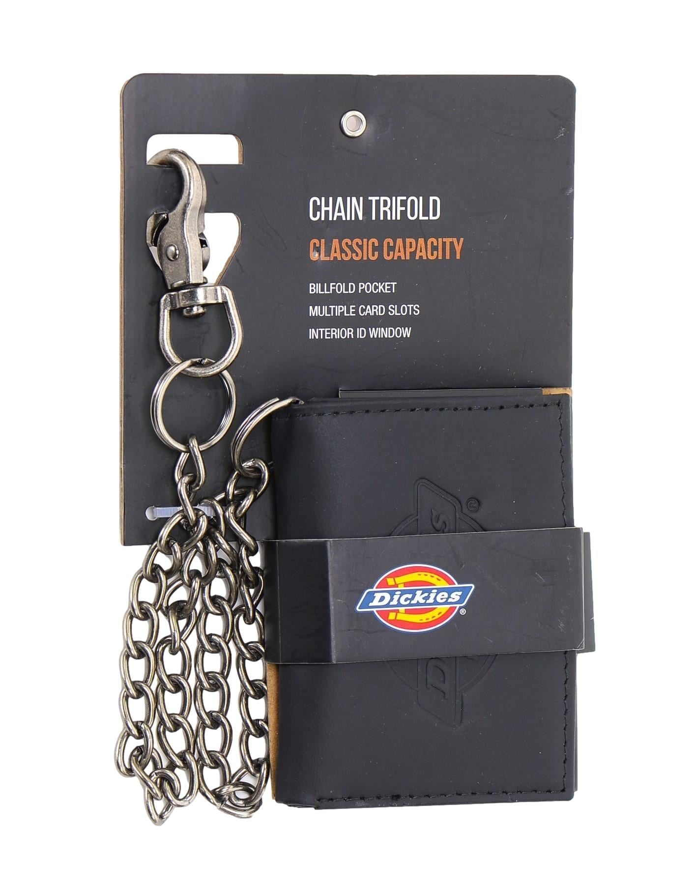 Dickies Men's Leather Chain Trifold Classic Capacity Wallet Black