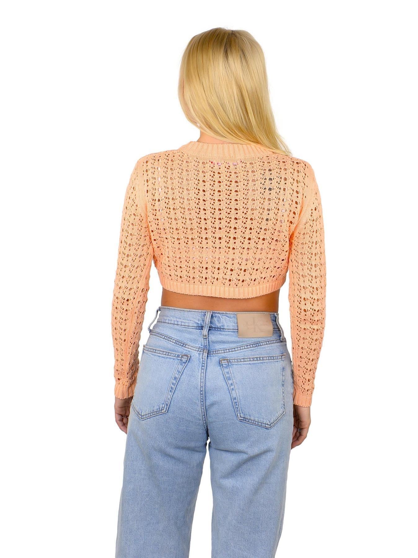 SOCAL LOOK Women’s Crochet Cotton Crop Top Long Sleeve Crew Neck