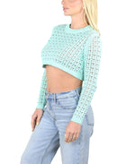 SOCAL LOOK Women’s Crochet Cotton Crop Top Long Sleeve Crew Neck