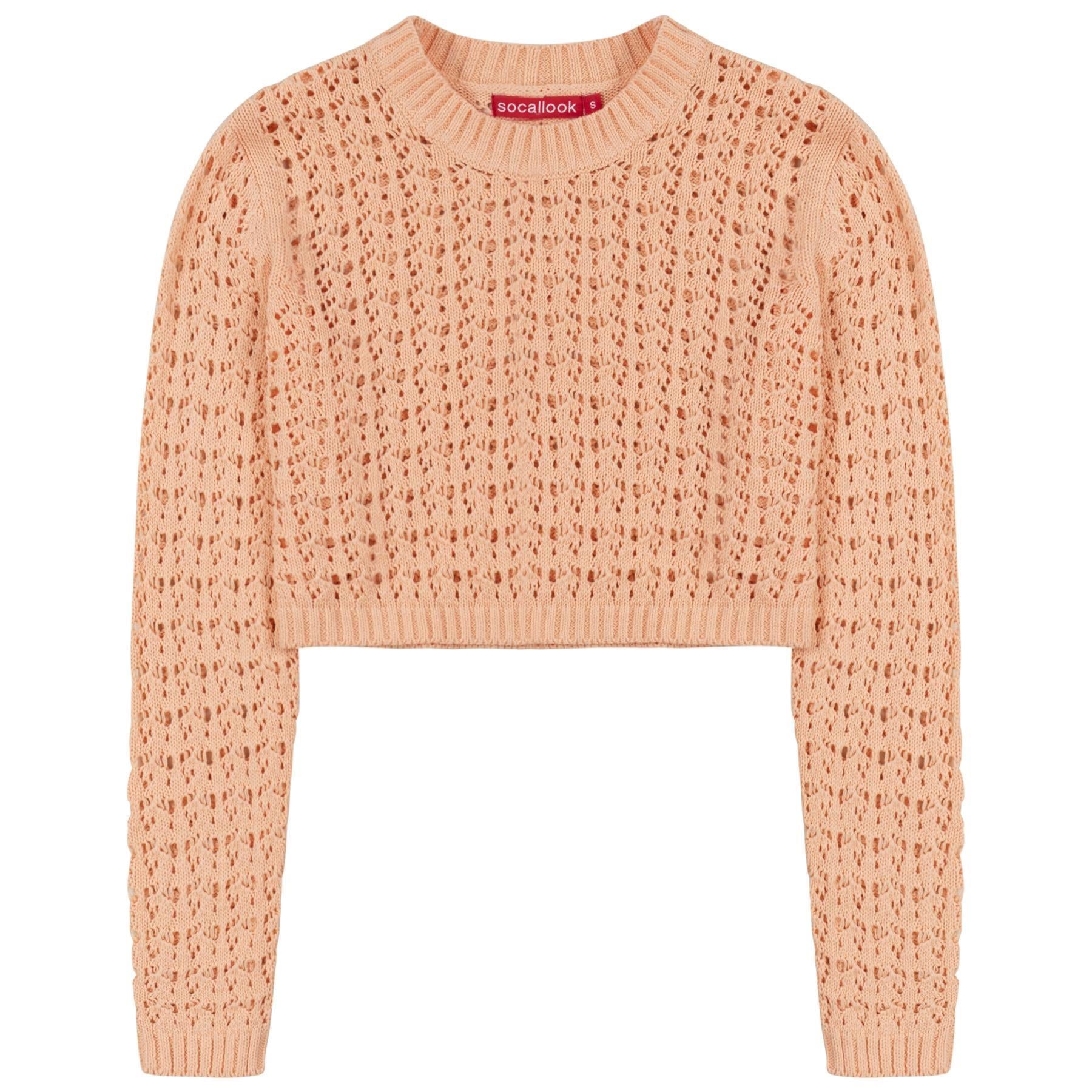 SOCAL LOOK Women’s Crochet Cotton Crop Top Long Sleeve Crew Neck