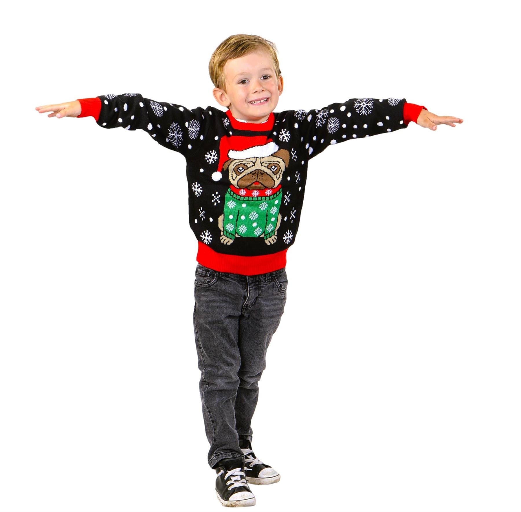 SOCAL LOOK Kids Ugly Christmas Sweater, Black Long Sleeve Unisex Children Cute Pug Holiday Xmas Pullover for Boys & Girls