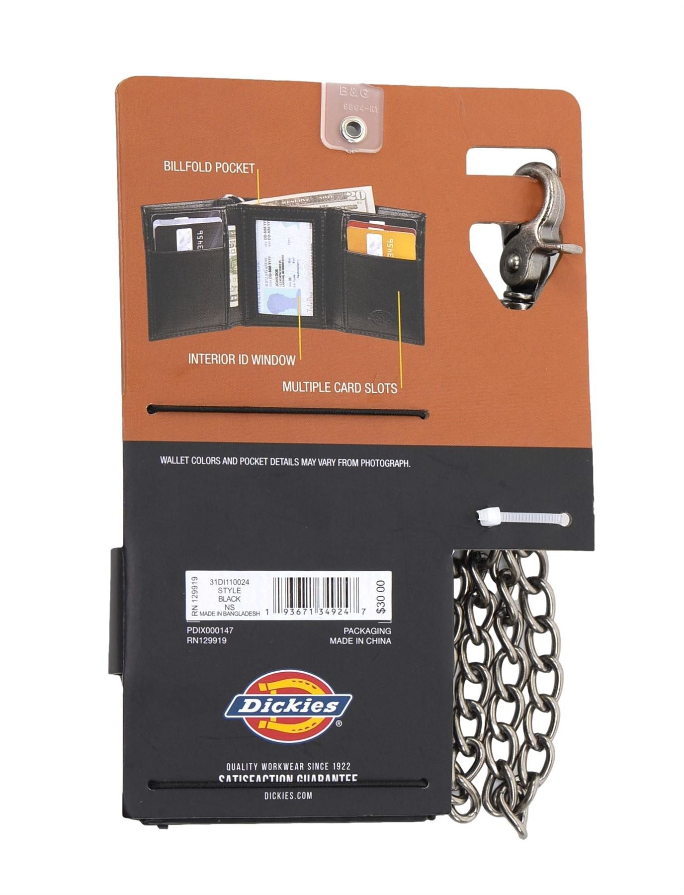 Dickies Men's Leather Chain Trifold Classic Capacity Wallet Black