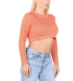 SOCAL LOOK Women’s Crochet Cotton Crop Top Long Sleeve Crew Neck