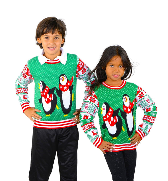 SOCAL LOOK Youth Crew Neck Long Sleeve Ugly Christmas Sweater Penguin Reindeer Pullover Green
