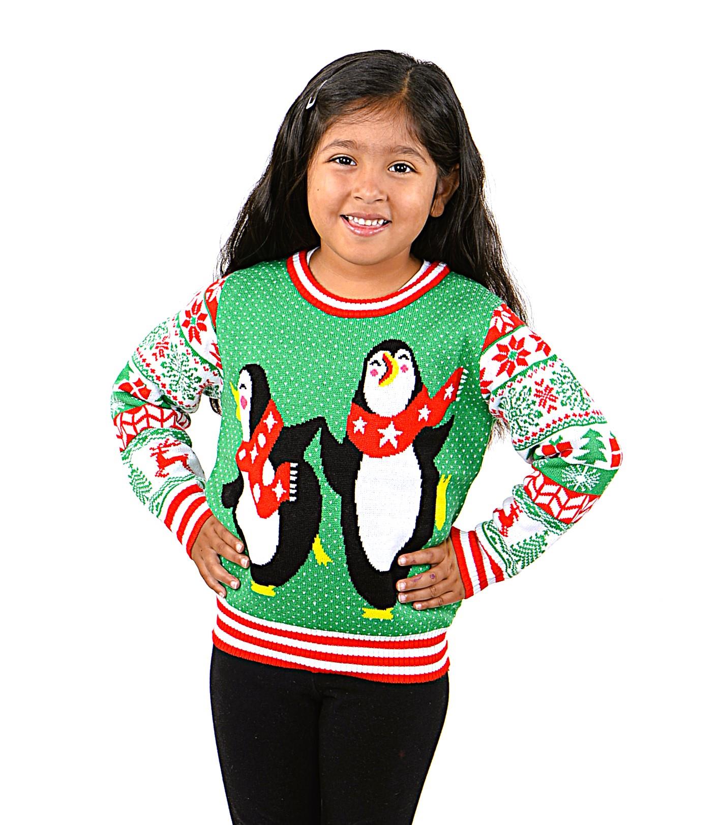 SOCAL LOOK Kids Ugly Christmas Sweater - Green Long Sleeve Unisex Children Cute Penguin Holiday Xmas Pullover for Boys & Girls