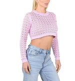 SOCAL LOOK Women’s Crochet Cotton Crop Top Long Sleeve Crew Neck