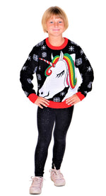 SOCAL LOOK Kids Unicorn Ugly Christmas Sweater – Black Long Sleeve Holiday Pullover for Boys & Girls, Festive Tacky Xmas Sweater