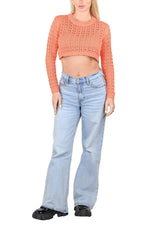 SOCAL LOOK Women’s Crochet Cotton Crop Top Long Sleeve Crew Neck