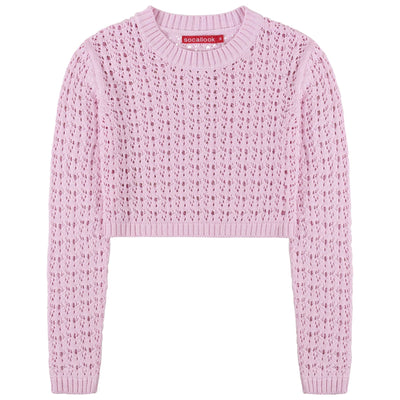 SOCAL LOOK Women’s Crochet Cotton Crop Top Long Sleeve Crew Neck