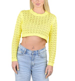 SOCAL LOOK Women’s Crochet Cotton Crop Top Long Sleeve Crew Neck