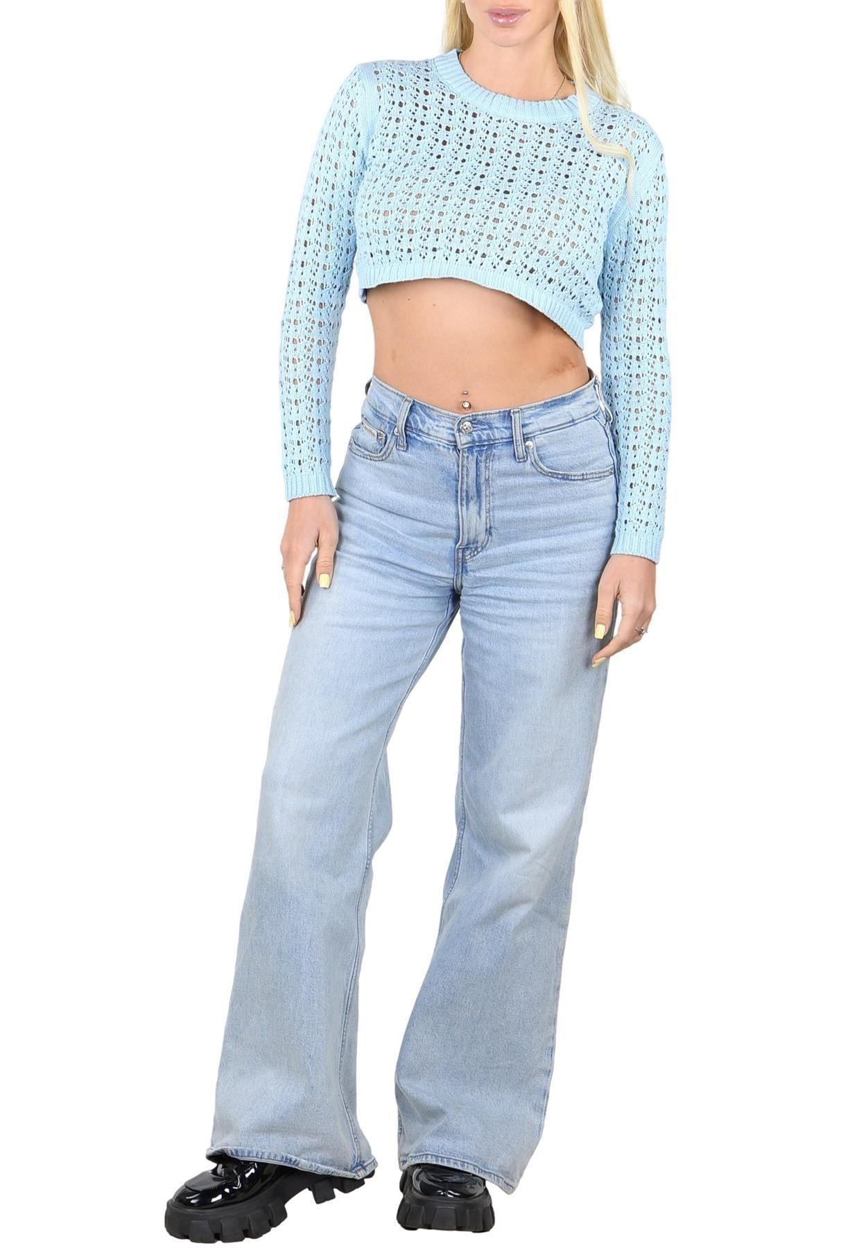 SOCAL LOOK Women’s Crochet Cotton Crop Top Long Sleeve Crew Neck