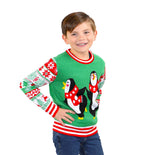 SOCAL LOOK Kids Ugly Christmas Sweater - Green Long Sleeve Unisex Children Cute Penguin Holiday Xmas Pullover for Boys & Girls