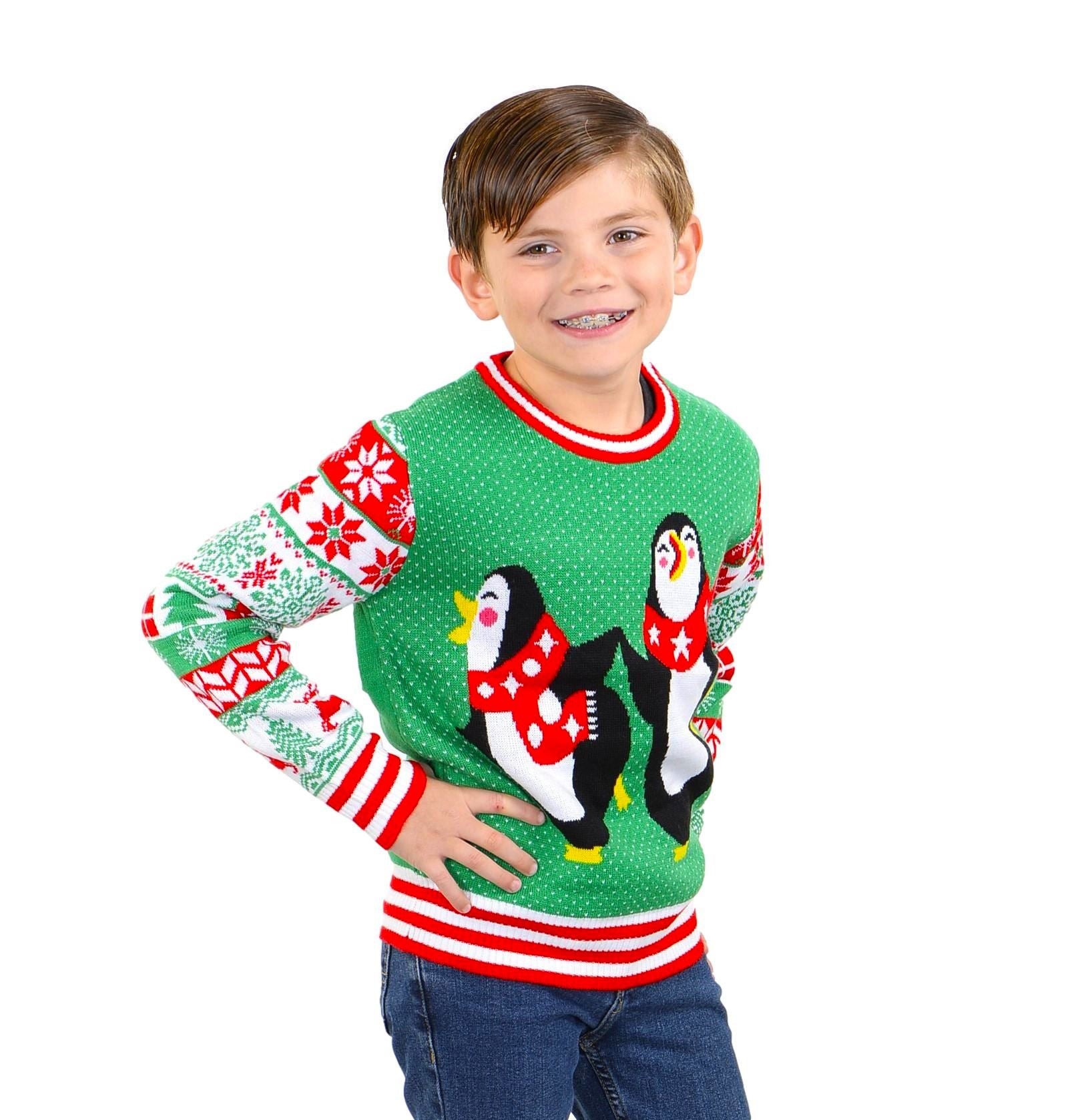 SOCAL LOOK Kids Ugly Christmas Sweater - Green Long Sleeve Unisex Children Cute Penguin Holiday Xmas Pullover for Boys & Girls