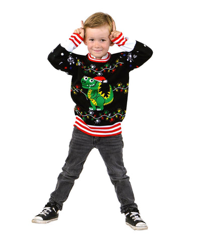 SOCAL LOOK Kids Best Ugly Christmas Sweater - Black Long Sleeve Unisex Children Tacky Cute T-Rex Holiday Pullover for Boys & Girls