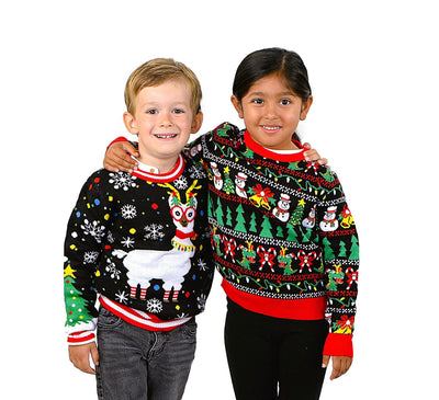 SOCAL LOOK Ugly Christmas Sweater for Kids, Black Long Sleeve Children Festive Tacky Cute Lama Holiday Xmas Pullover for Boys & Girls