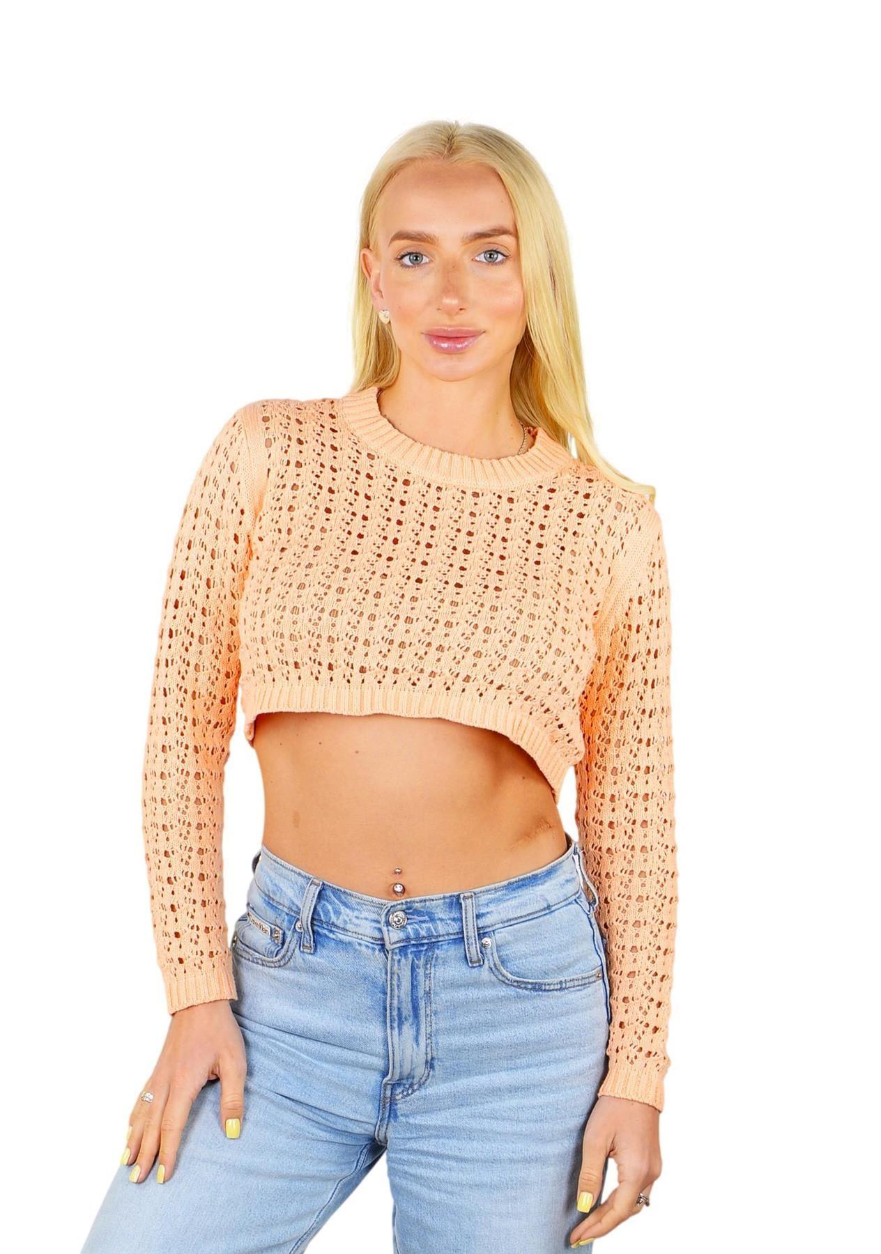 SOCAL LOOK Women’s Crochet Cotton Crop Top Long Sleeve Crew Neck