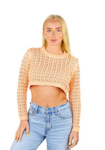 SOCAL LOOK Women’s Crochet Cotton Crop Top Long Sleeve Crew Neck