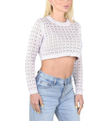 SOCAL LOOK Women’s Crochet Cotton Crop Top Long Sleeve Crew Neck