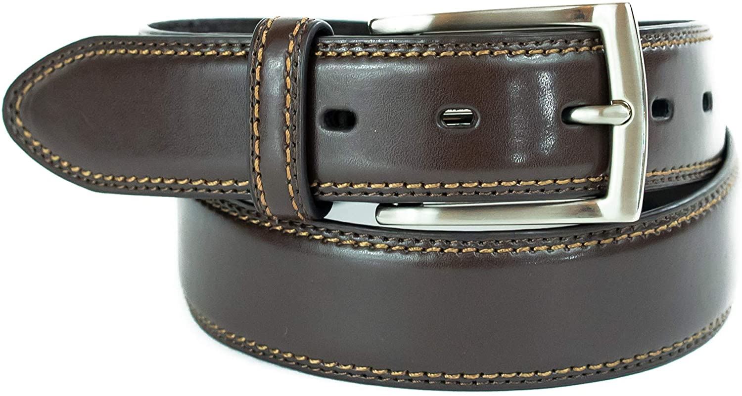 Dockers Men's 1.37 in (35MM) Feather Edge Leather Belt with Stitch Brown