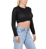 SOCAL LOOK Women’s Crochet Cotton Crop Top Long Sleeve Crew Neck