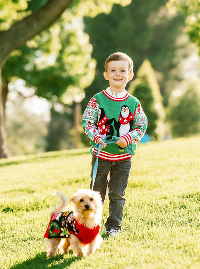 SOCAL LOOK Kids Ugly Christmas Sweater - Green Long Sleeve Unisex Children Cute Penguin Holiday Xmas Pullover for Boys & Girls