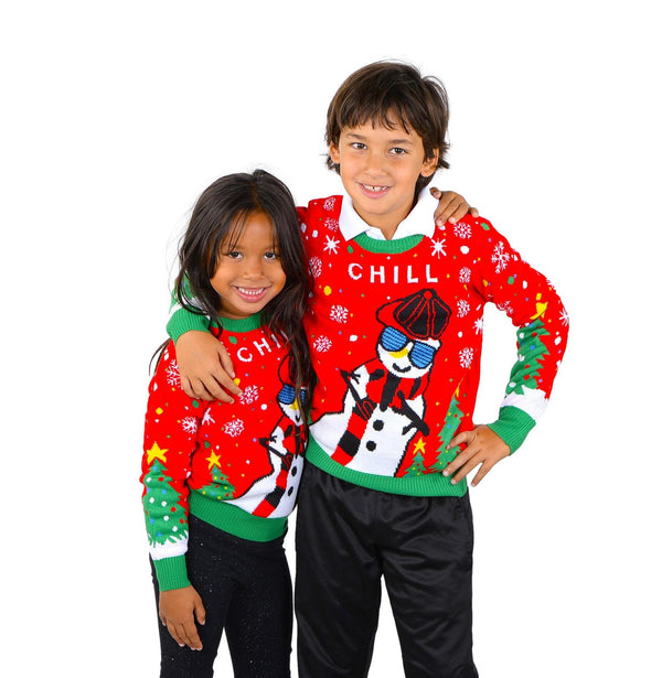 SOCAL LOOK Children Crew Neck Long Sleeve Chill Snowman Christmas Sweater Red