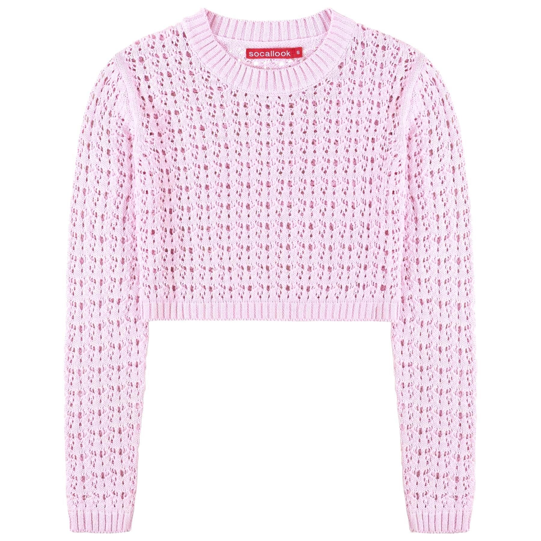 SOCAL LOOK Women’s Crochet Cotton Crop Top Long Sleeve Crew Neck