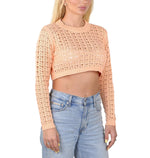 SOCAL LOOK Women’s Crochet Cotton Crop Top Long Sleeve Crew Neck