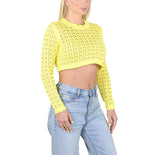 SOCAL LOOK Women’s Crochet Cotton Crop Top Long Sleeve Crew Neck