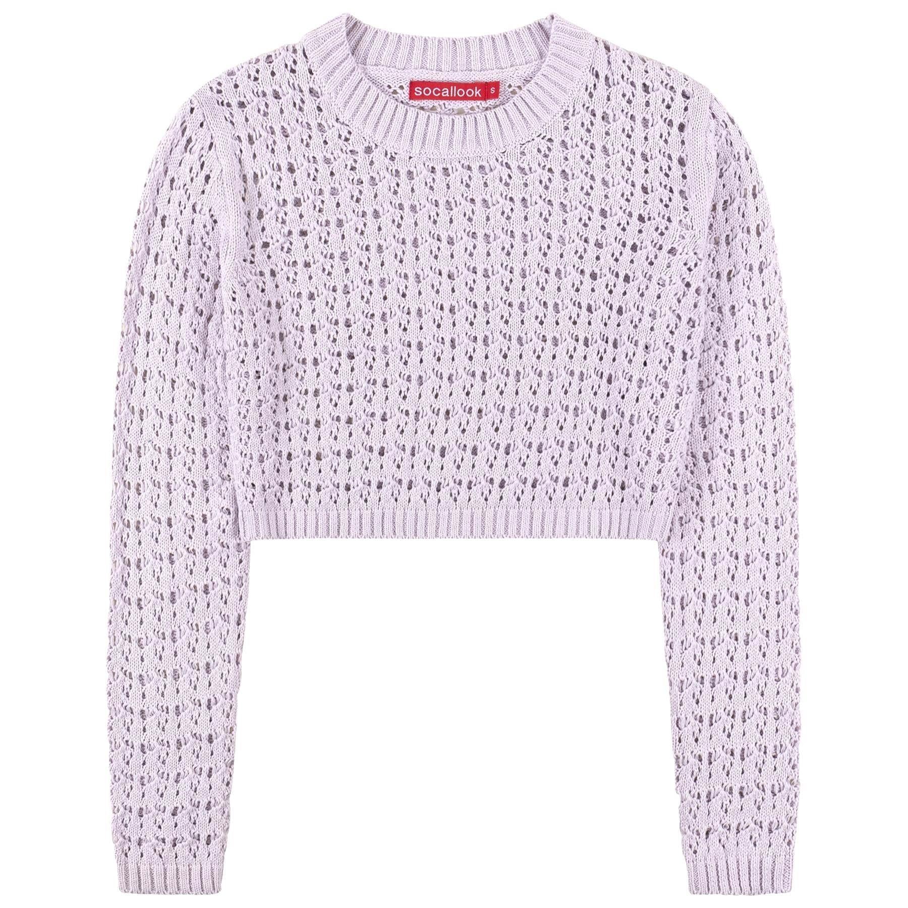 SOCAL LOOK Women’s Crochet Cotton Crop Top Long Sleeve Crew Neck