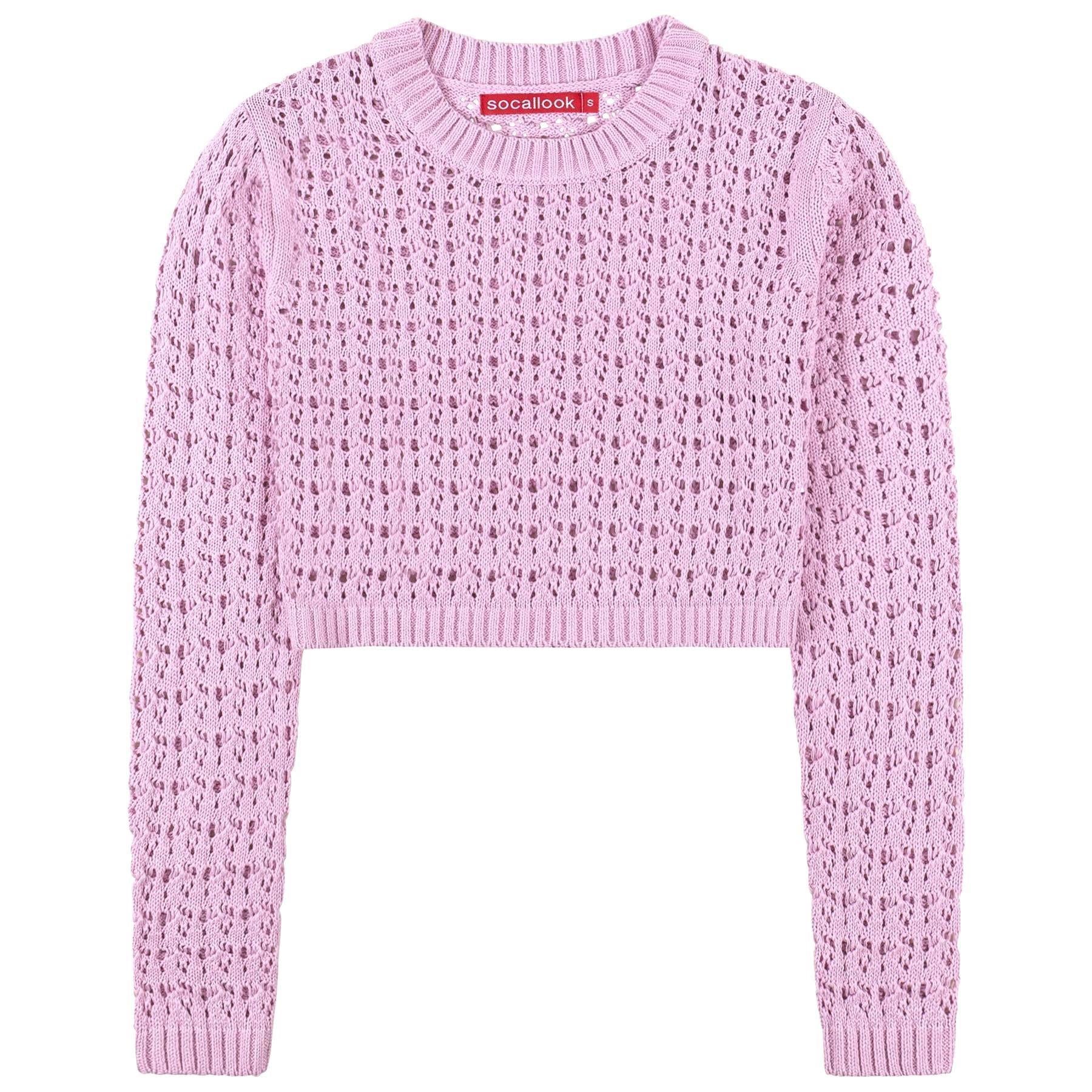 SOCAL LOOK Women’s Crochet Cotton Crop Top Long Sleeve Crew Neck