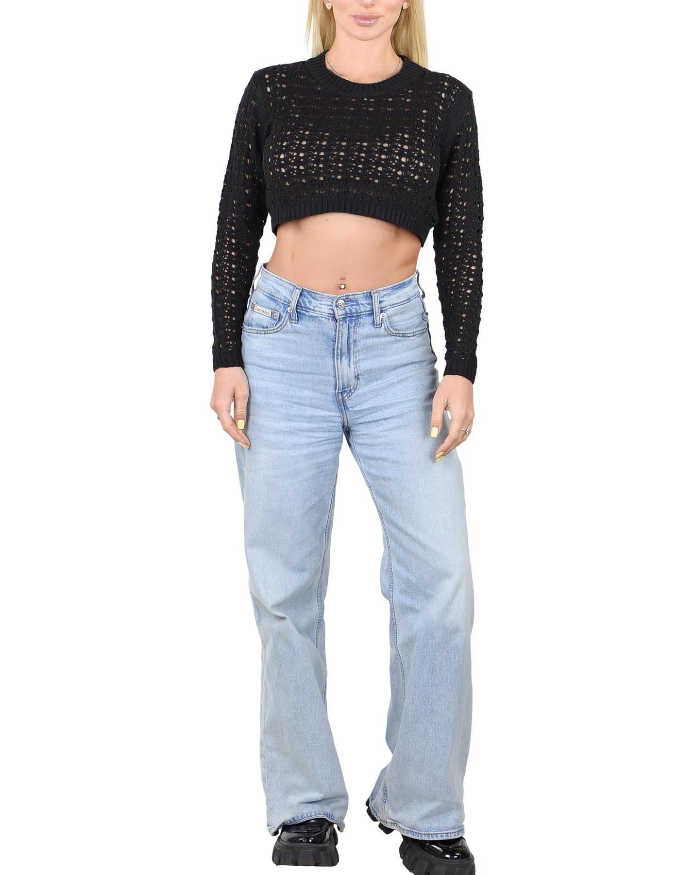 SOCAL LOOK Women’s Crochet Cotton Crop Top Long Sleeve Crew Neck