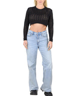 SOCAL LOOK Women’s Crochet Cotton Crop Top Long Sleeve Crew Neck