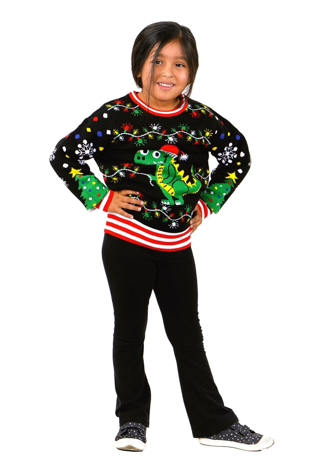 SOCAL LOOK Kids Best Ugly Christmas Sweater - Black Long Sleeve Unisex Children Tacky Cute T-Rex Holiday Pullover for Boys & Girls